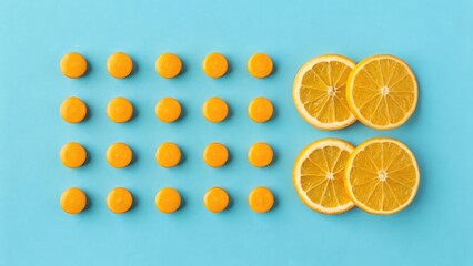 "Minimalist health concept featuring neatly arranged yellow-orange Vitamin C pills on a solid blue background, creating a modern and clean look."