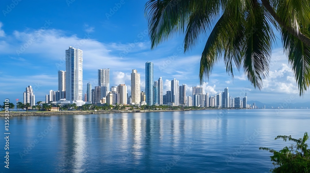 Poster striking view of a modern skyline with tall buildings reflecting in calm waters under a clear blue s
