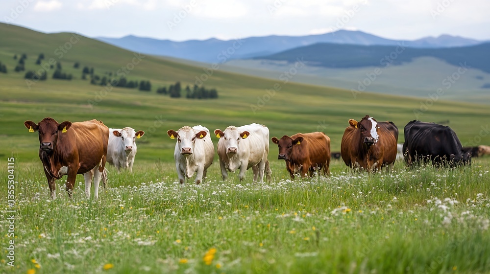 Poster Group of cows grazing together in lush green field with mountains in the background : Generative AI