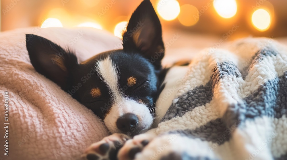 Poster adorable sleeping dog wrapped in a cozy blanket with soft glowing lights in the background : generat