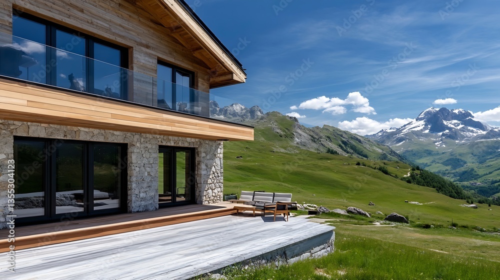 Aufkleber elegant modern mountain home with large windows and stunning views of nature : generative ai