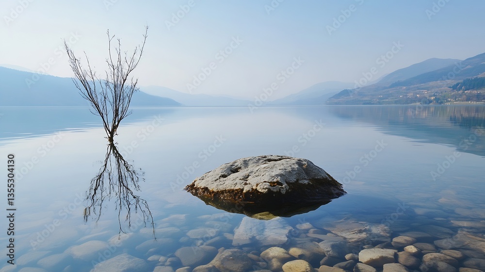 Poster Serene landscape featuring a lone tree standing in calm waters with reflections of hills in the background : Generative AI
