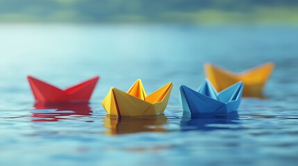 Colorful paper boats floating on calm water in serene outdoor setting, symbolizing creativity and peaceful imagination