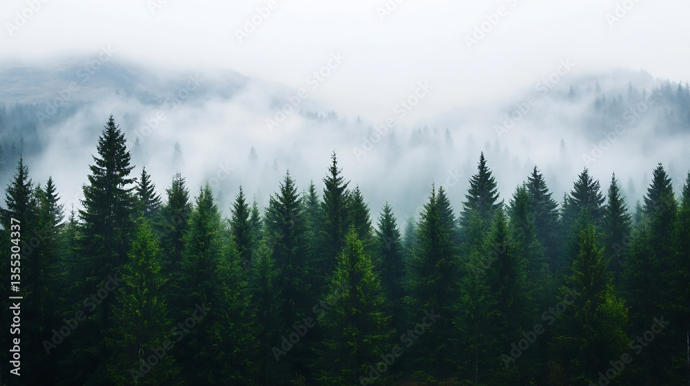 Poster dense evergreen forest covered in misty fog with majestic mountains in the background : generative a