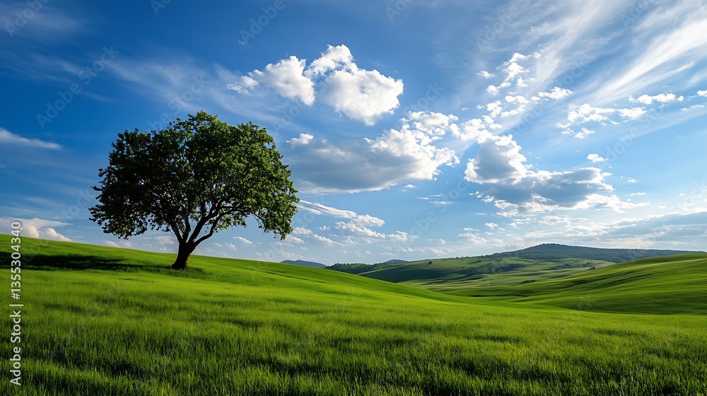 Poster lone tree standing majestically in a vibrant green field under a picturesque sky full of clouds : ge