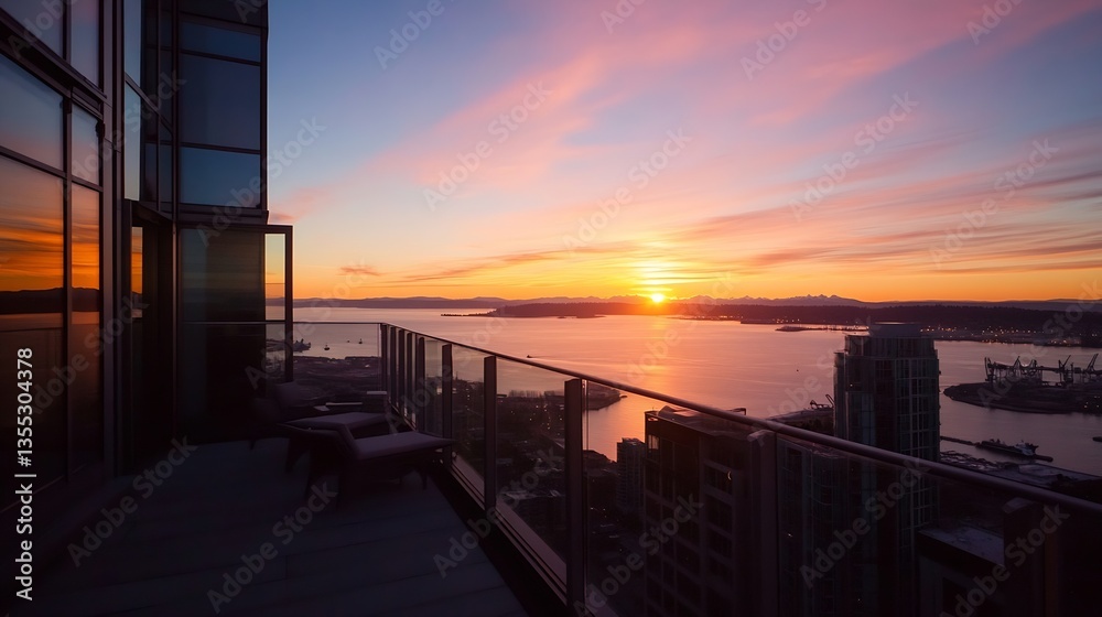 Poster breathtaking sunset view from a balcony overlooking the water with vibrant colors in the sky : gener