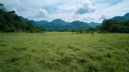 Fototapeta premium Expansive view of lush green fields surrounded by mountains under a bright blue sky with fluffy clouds : Generative AI