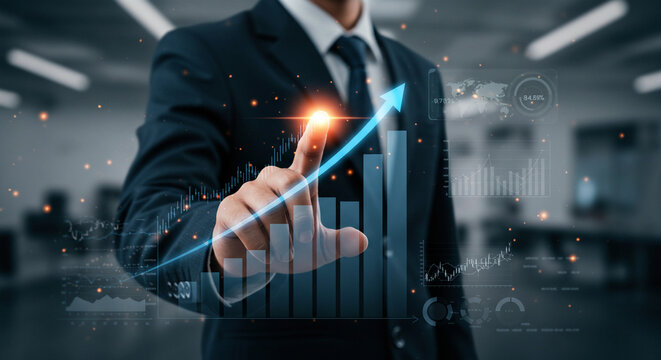 A business professional in a dark suit interacts with a futuristic digital financial interface, symbolizing market growth and data analytics. - Powered by Adobe