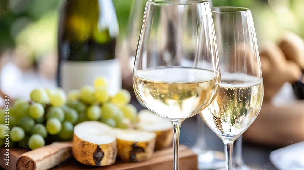 Poster refreshing white wine glasses with grapes and apples on a wooden board in a cozy setting : generativ