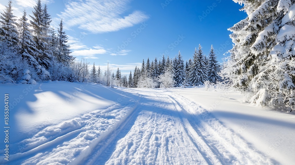 Poster winter wonderland scene with snowcovered path leading through tall evergreen trees under bright sunl