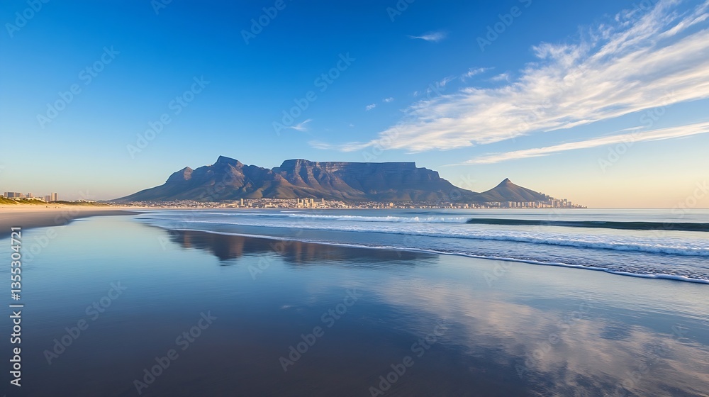 Aufkleber Scenic Reflection of Table Mountain in Calm Waters at Dawn with Soft Clouds : Generative AI