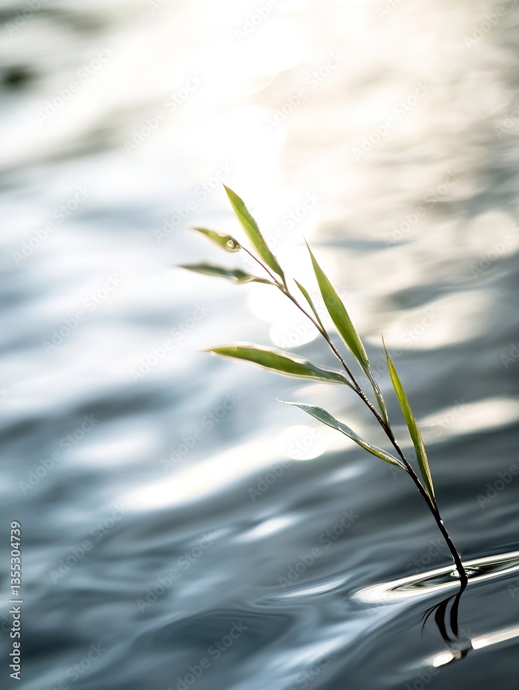 Aufkleber serene closeup of a bamboo shoot emerging from water with a shimmering background reflecting tranqui