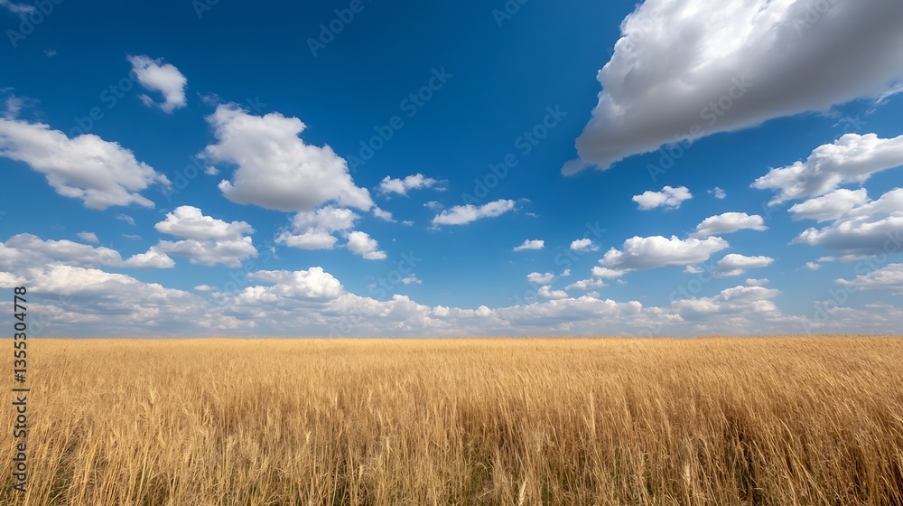 Aufkleber vast golden wheat field under a bright blue sky with fluffy white clouds in the background : generat