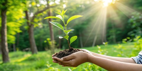 plant growing in hand on green nature with sunlight background. eco environment concept