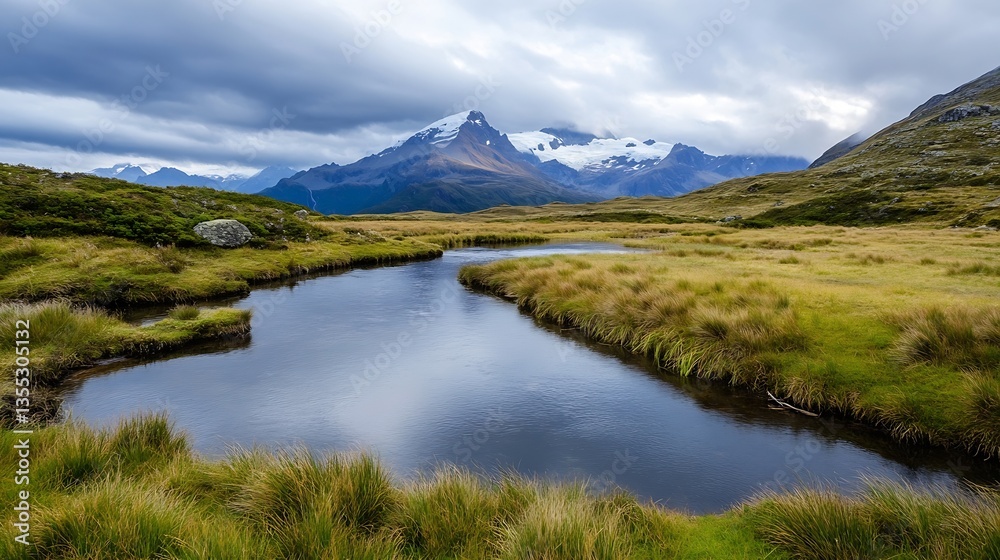 Poster Serene alpine scenery with river reflecting mountains and cloudy sky creating a picturesque nature view : Generative AI