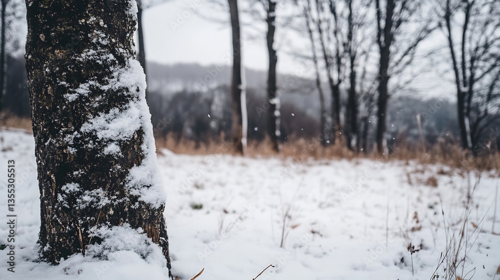 Poster CloseUp of a SnowCovered Tree Trunk in a Winter Landscape : Generative AI