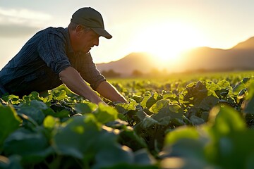 Caucasian male farmer inspecting organic lettuce crop at sunset, wearing cap and plaid shirt, bending over green leafy vegetables in agricultural field.