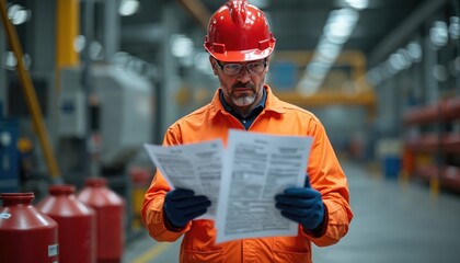 Worker in orange uniform wearing red hard hat reviews Safety Data Sheets in warehouse. Industrial workplace with chemical containers. Job safety, hazard communication, chemical safety, worker