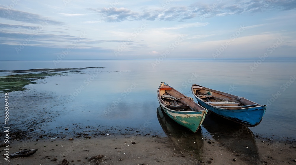 Poster serene seascape with two weathered boats resting peacefully on a tranquil beach during a calm day : 