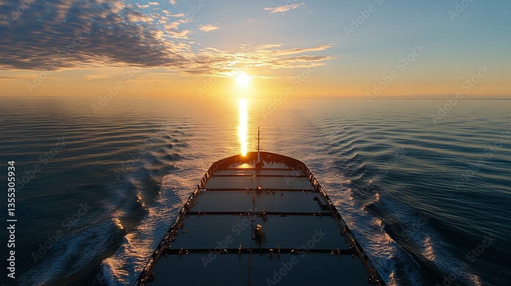 Poster cargo ship sailing on a calm ocean at sunset with golden reflections on the water surface : generati
