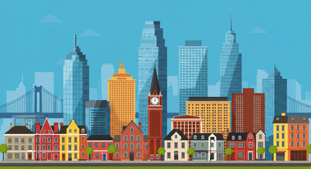 Obraz premium A vibrant, colorful city skyline illustration with a mix of modern and traditional architecture, blending contemporary glass skyscrapers
