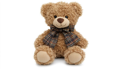 Obraz premium Cute soft teddy bear sitting upright on white background, adorable stuffed toy for nursery decor, children birthday gift, baby shower, childhood memory, interior accent, and playful product mockup