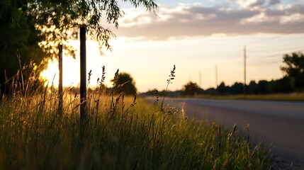 Obraz premium Golden sunlight shining over a peaceful field with tall grass and a quiet road leading into the distance during sunset : Generative AI