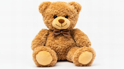 Obraz premium Cute soft teddy bear sitting upright on white background, adorable stuffed toy for nursery decor, children birthday gift, baby shower, childhood memory, interior accent, and playful product mockup