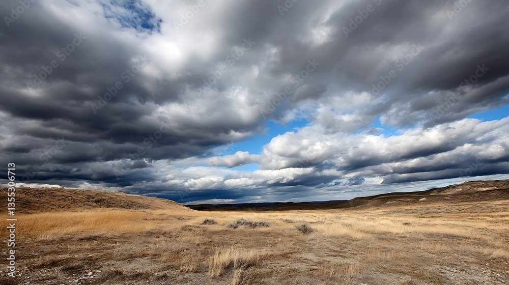 Poster expansive landscape view showcasing dramatic clouds and golden grass under a vibrant sky : generativ