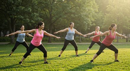 Small group of beginners participating in a fitness boot camp outdoors in a park