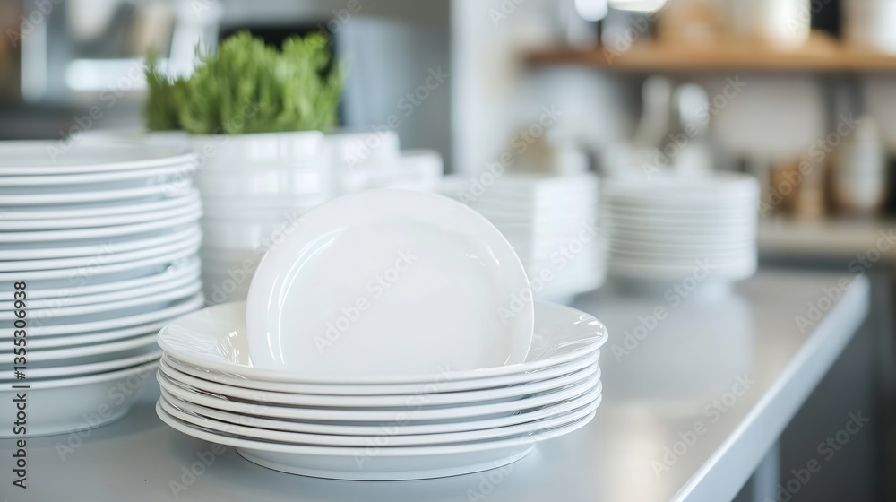 Poster stacked white plates in a modern kitchen setting ready for serving delicious meals : generative ai