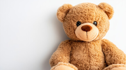 Cute soft teddy bear sitting upright on white background, adorable stuffed toy for nursery decor, children birthday gift, baby shower, childhood memory, interior accent, and playful product mockup

