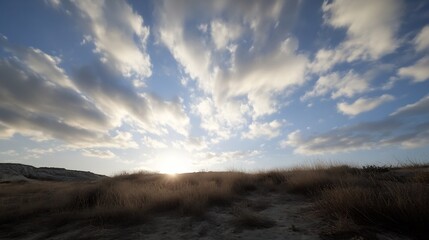 Breathtaking Sunset Sky Over Golden Grassland Captured in Majestic Scenic View : Generative AI