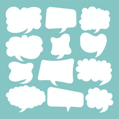 Cartoon speech bubble set with various shapes. Thinking sign, chatting box or message box. Vector cloud or empty dialog frame on coloured background.