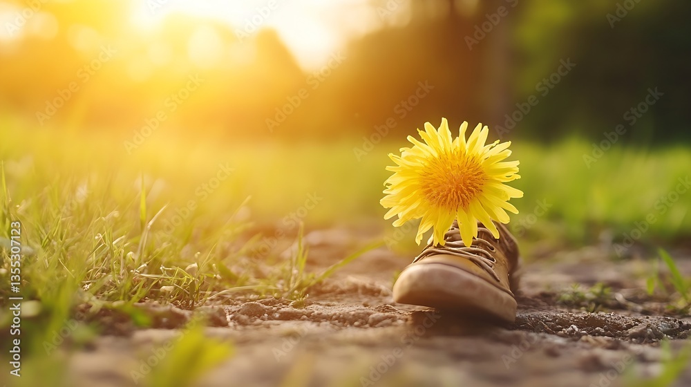Poster Boot with Bright Yellow Flower in Natural Setting Captured During Golden Hour : Generative AI