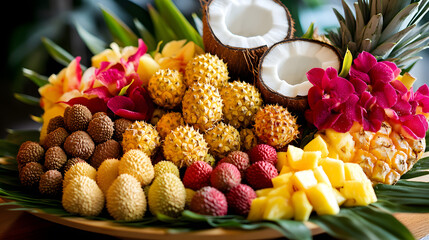 A luxurious and exotic fruit platter featuring fresh tropical fruits like pineapple, coconut, and lychees, arranged beautifully for an opulent dining experience.
