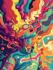 Person overwhelmed by vibrant swirling psychedelic colors.