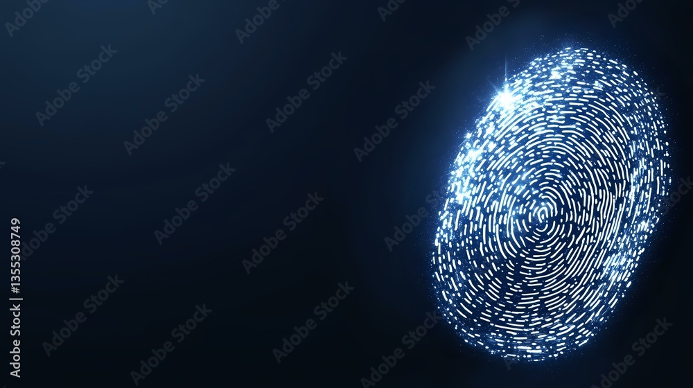 Poster glowing blue fingerprint pattern on dark background illustrates digital security and biometric authe