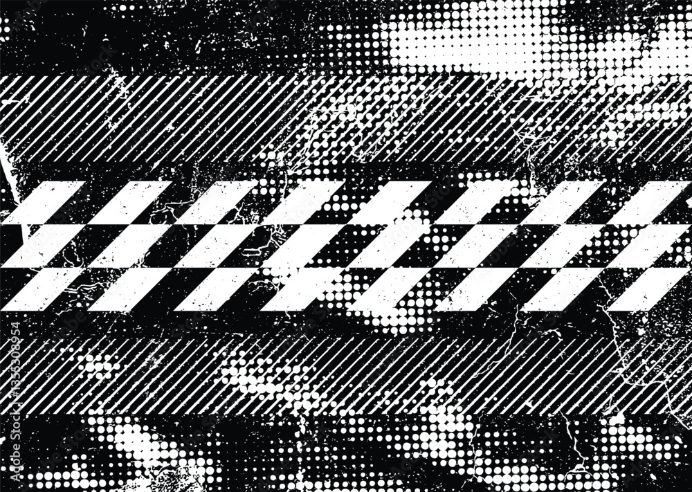 Poster Glitch distorted grunge layer . Noise destroyed texture. Checkered race grunge flag . Overlay grunge texture .Distressed effect .Vector shapes with a speed lines and tire tracks screen print texture.