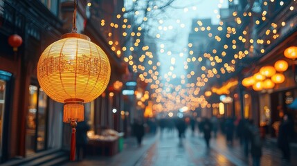 Festive street scene with glowing lanterns and blurred pedestrians