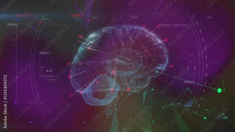 Poster digital animation of brain with data points and connections on purple background