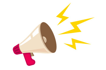 Vector icon of vintage megaphone for fake, breaking news or sale. Vector retro white megaphone with lightning on retro background.