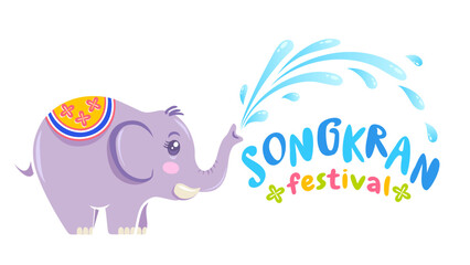 Vector banner for Songkran festival in Thailand with elephant on isolated background in kawaii style. Emblem for Songkran water festival.
