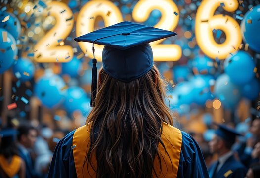 Back view of graduate with cap and gown facing balloons and year sign at celebration event scene