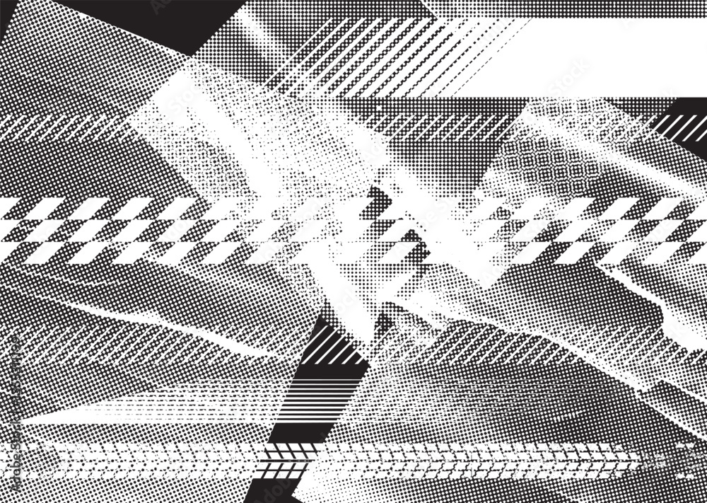 Aufkleber Glitch distorted grunge layer . Noise destroyed texture. Checkered race grunge flag . Overlay grunge texture .Distressed effect .Vector shapes with a speed lines and tire tracks screen print texture.