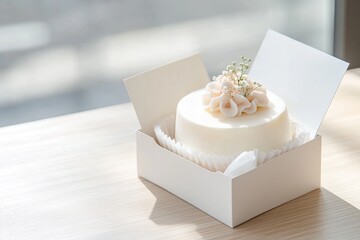 Delicate cake in white box, adorned with elegant frosting and fl