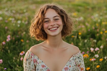 Bright smile radiates joy amidst vibrant wildflowers, capturing