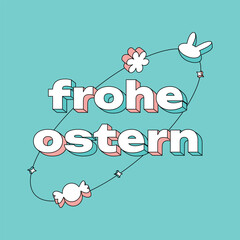 Happy Easter greeting card in Deutsch. Frohe Ostern lettering card. Lawercase letters