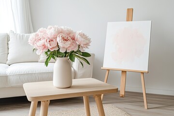 Bright room featuring elegant peonies in vase beside blank canva