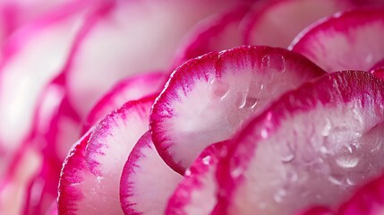 Close-up view of vibrant red and white radish slices with intricate patterns and fine textures showcasing fresh produce